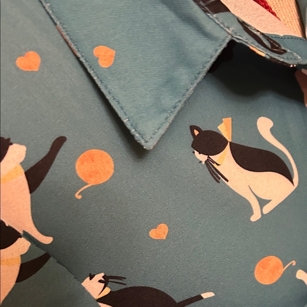 SM Wardrobe Teal Cat Print Dress with Peach Accents - Picture 5 of 6